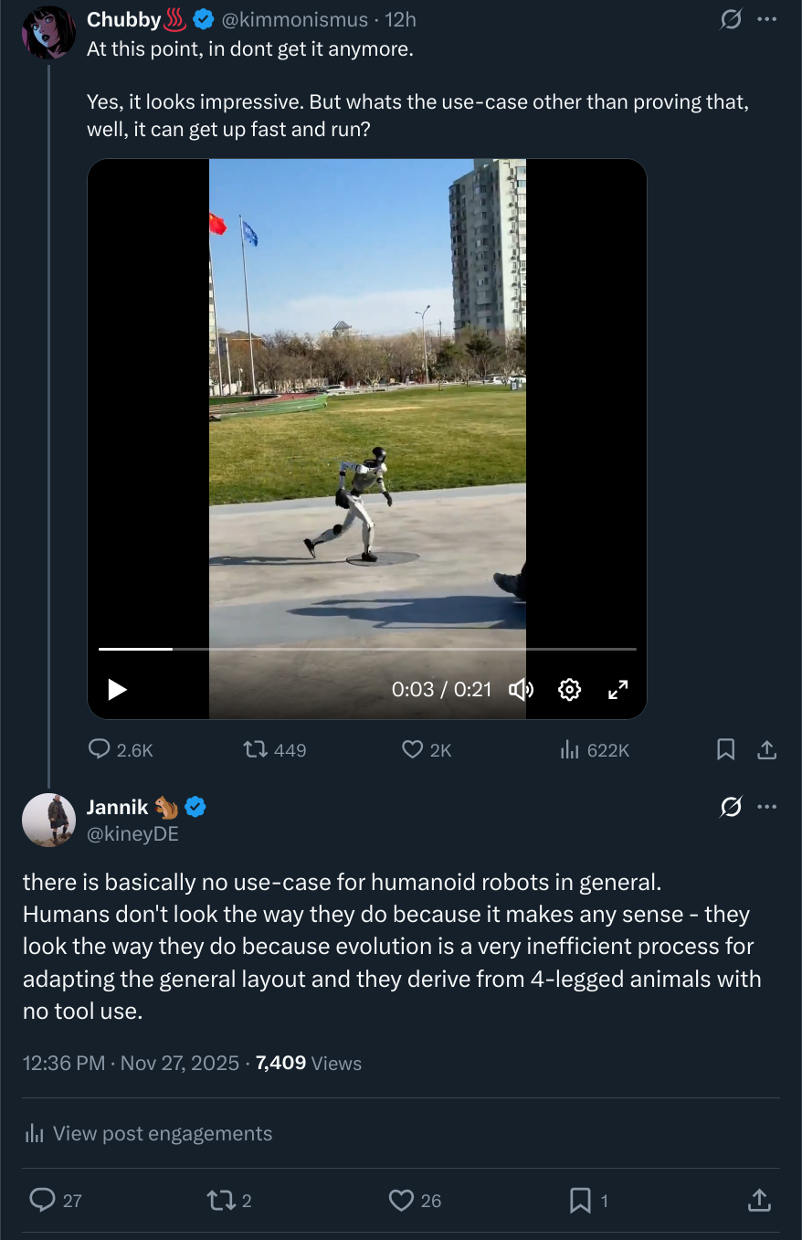 Screenshot of the X comment about humanoid robots