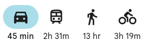 Fahrzeiten zum Kundenbüro: 45 Minuten mit dem Auto, 2 Stunden 31 Minuten mit öffentlichen Verkehrsmitteln, 13 Stunden zu Fuß und 3 Stunden 19 Minuten mit dem Fahrrad