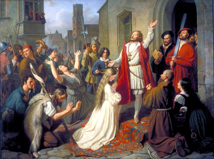 Jan van Leiden at an Anabaptist ceremony in Münster, 1534